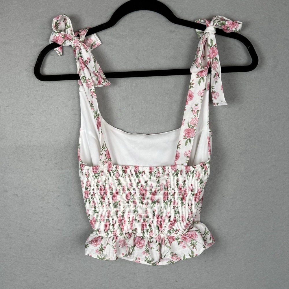 Altar'd State Women's Pink Floral Smocked Ruffle Babydoll Tank Top Tie Straps S - Picture 4 of 6
